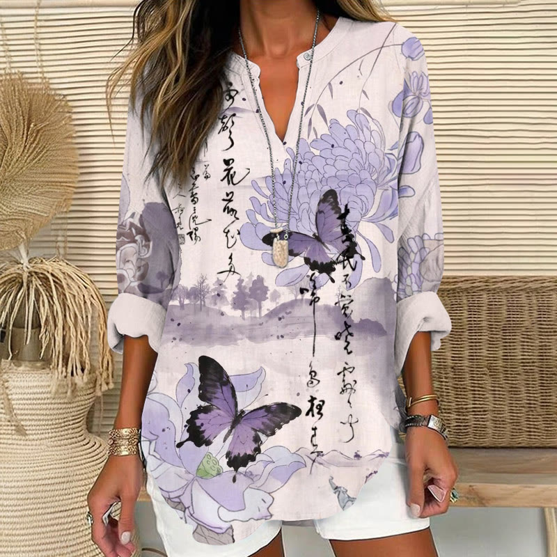 Vintage Chrysanthemum And Butterfly Calligraphy Pattern Print V Neck Long Sleeve Blouse - Purple - 8XL - image 1