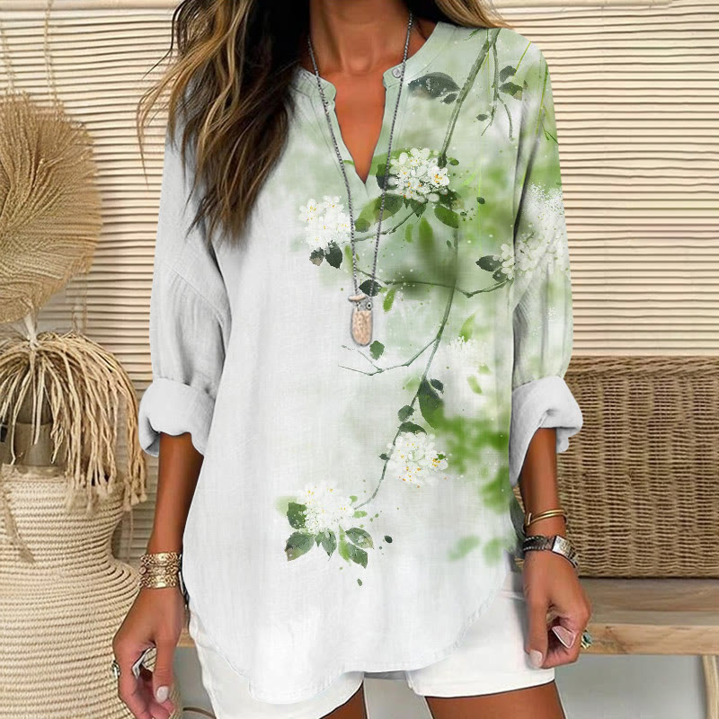 Vintage Fresh Spring Rain And Flowers Pattern Print V Neck Long Sleeve Blouse - White - 8XL - image 1
