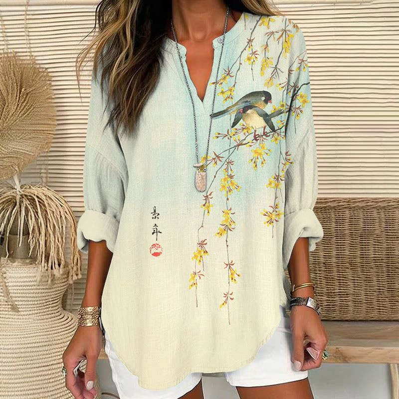 Japanese Vintage Gradient Floral And Avian Motifs Pattern Print V Neck Long Sleeve Blouse - Apricot - 8XL - image 1