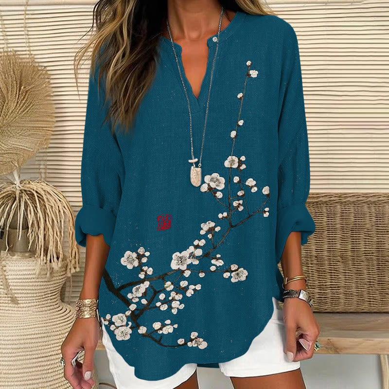 Janpanese Vintage Cherry Blossoms Pattern Print V Neck Long Sleeve Blouse - Blue - 8XL - image 1