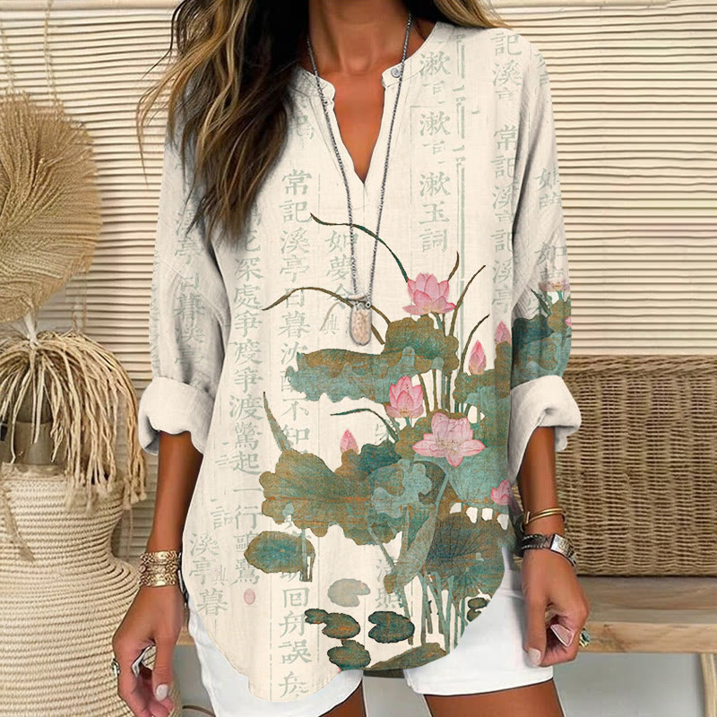 Vintage Lotus Flowers And Poetry Pattern Print V Neck Long Sleeve Blouse - Apricot - 8XL - image 1