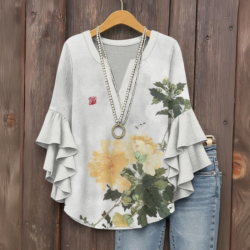 Vintage Classical Peony Flowers Pattern Print V-neck Half Sleeve Blouse - White - 5XL - image 1