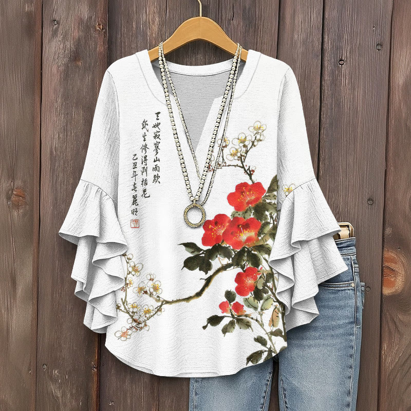 Vintage Flowers And Poetry Pattern Print V-neck Half Sleeve Blouse - White - 5XL - image 1