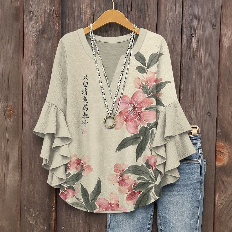 Vintage Ink-and-wash Flowers And Poetry Pattern Print V-neck Half Sleeve Blouse - Apricot - 5XL - image 1
