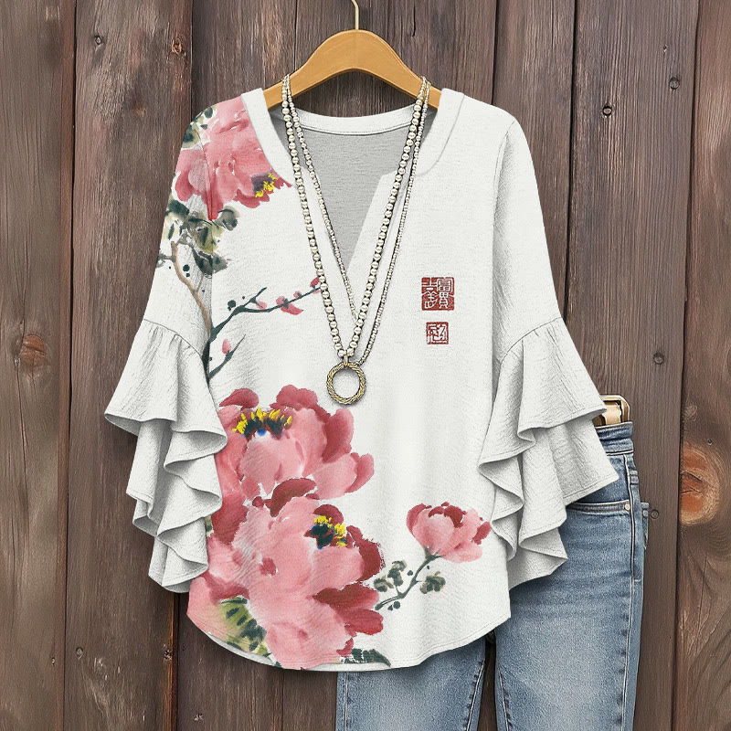 Vintage Ink-and-wash Romantic Peony Pattern Print V-neck Half Sleeve Blouse - White - 5XL - image 1