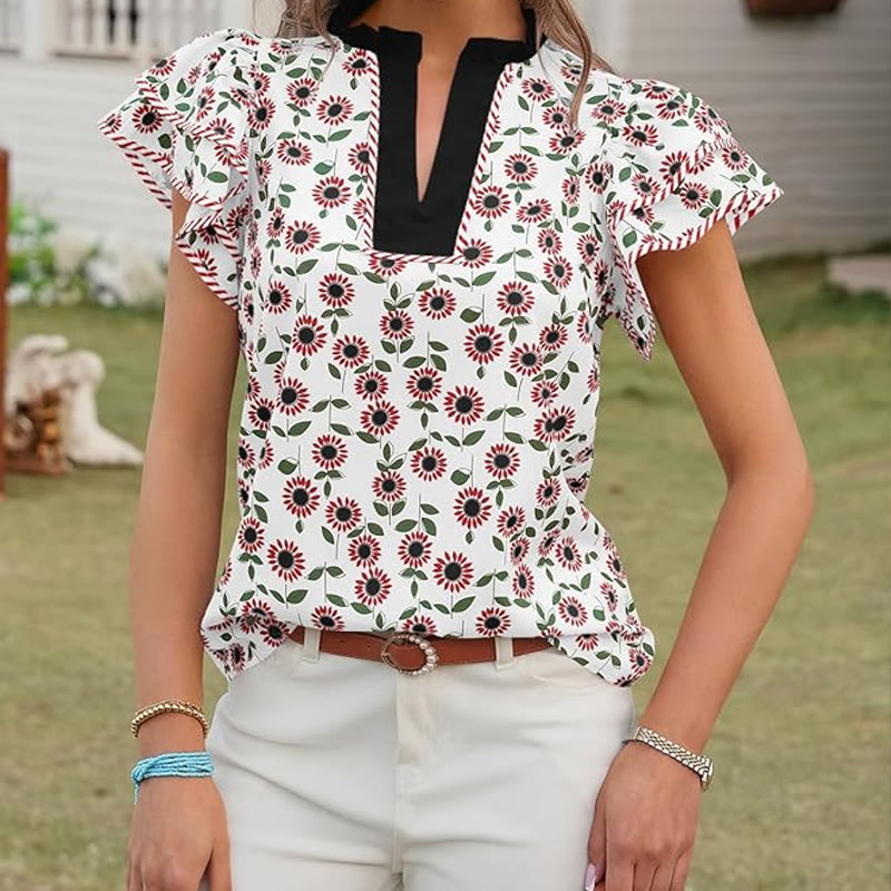 Pastoral Floral Print V-neck Ruffled-sleeve Babydoll Top - image 8