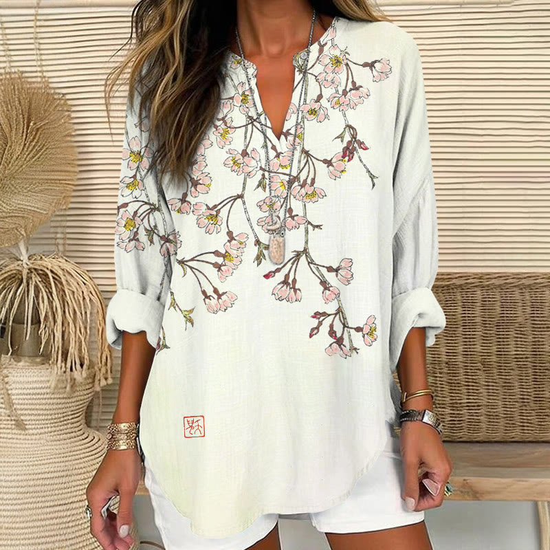 Vintage Janpanese Gradient Cherry Blossoms Pattern Print V Neck Long Sleeve Blouse - Apricot - 8XL - image 1