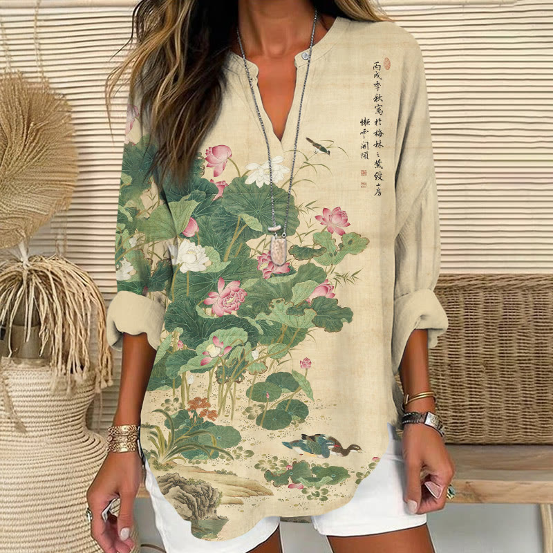 Vintage  Lotus And Mandarin Ducks Pattern Print V Neck Long Sleeve Blouse - Apricot - 8XL - image 1