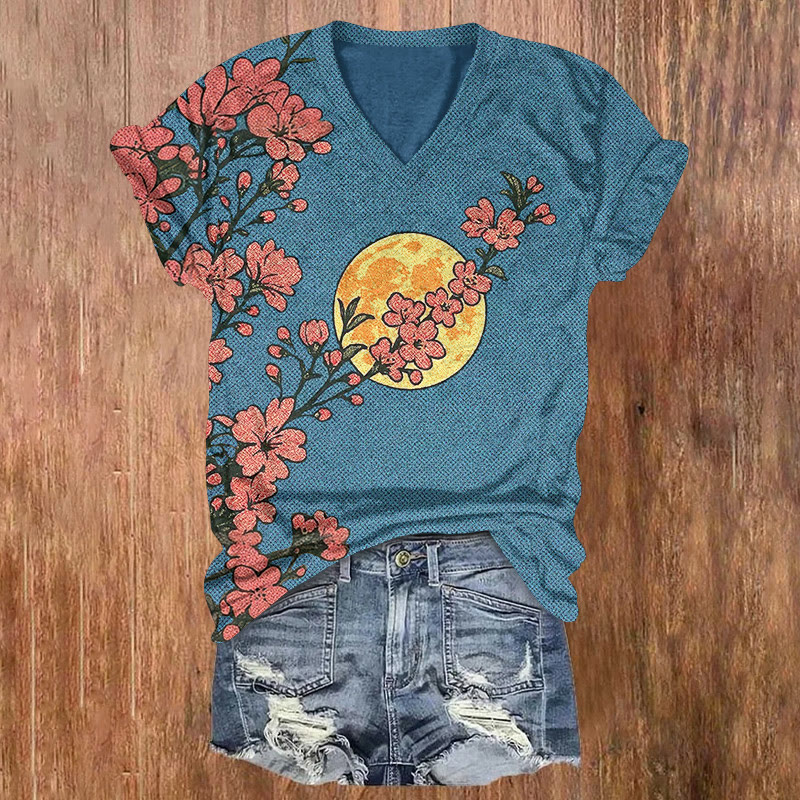 Japanese Retro Full Moon And Cherry Blossoms Pattern Print Short Sleeved V-neck T-shirt - Blue - US32-34(5XL) - image 1