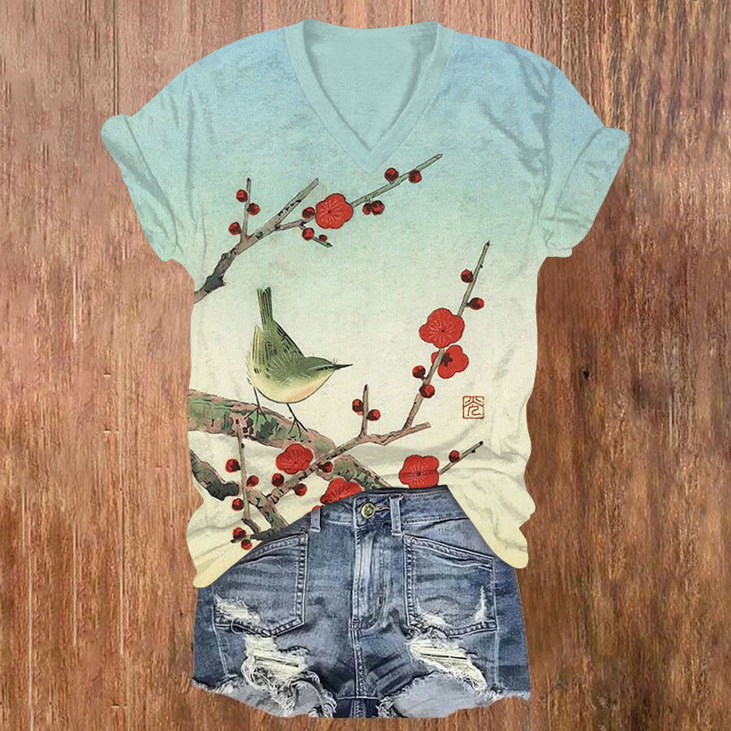 Japanese Vintage Red Cherry Blossoms And Birds Pattern Print Short Sleeved V-neck T-shirt - Apricot - US32-34(5XL) - image 1