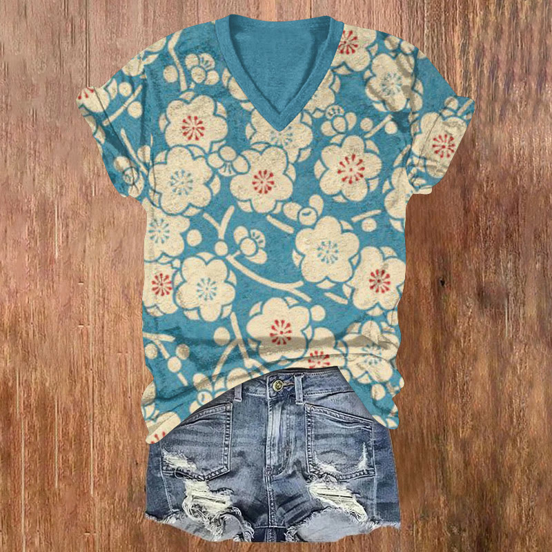 Japanese Traditional Cherry Blossom Kimono Pattern Print Short Sleeved V-neck T-shirt - Blue - US32-34(5XL) - image 1
