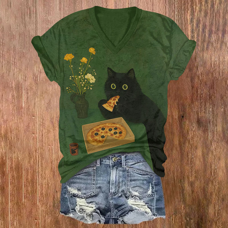 Fun Illustrations Of Cats Eating Pizza Print Short Sleeved V-neck T-shirt - Green - US32-34(5XL) - image 1