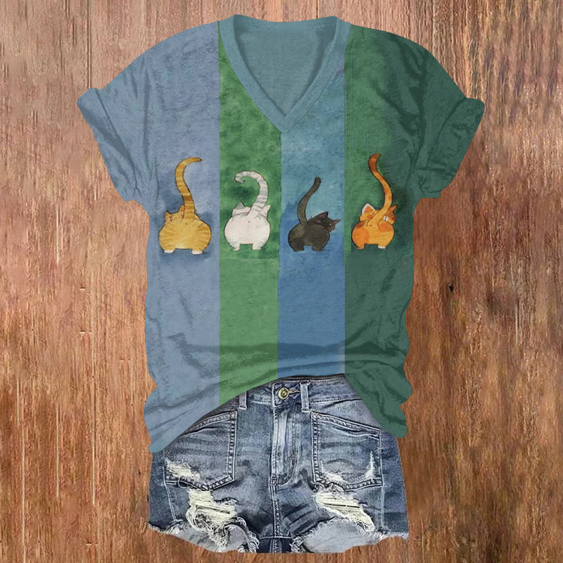 Cat Printed Short Sleeved V-neck T-shirt - Blue - US32-34(5XL) - image 1