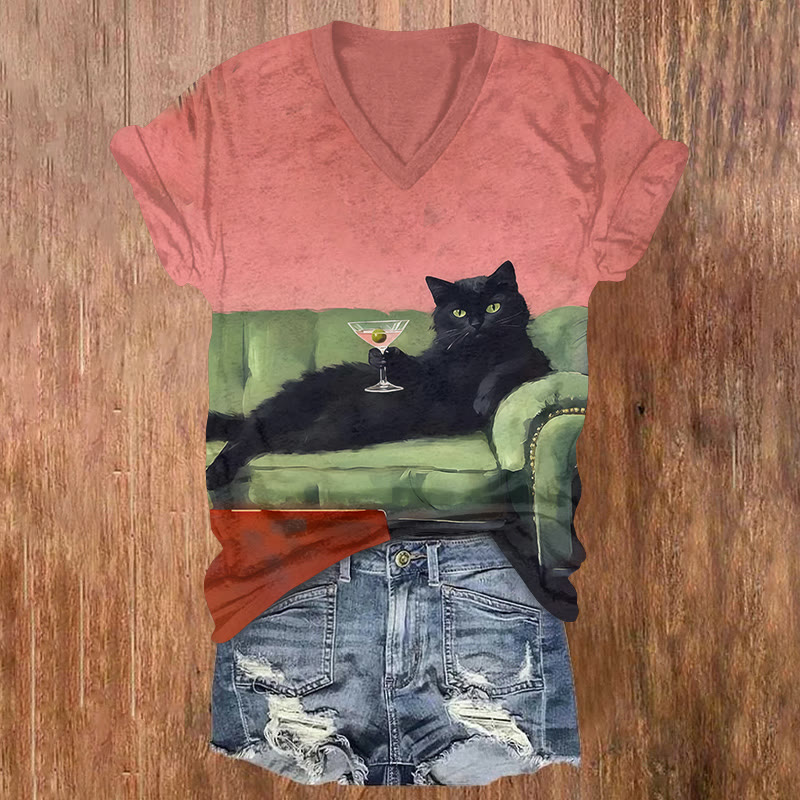 A Fun Design Of A Cat Holding A Drink Cup Printed Short Sleeved V-neck T-shirt - Pink - US32-34(5XL) - image 1