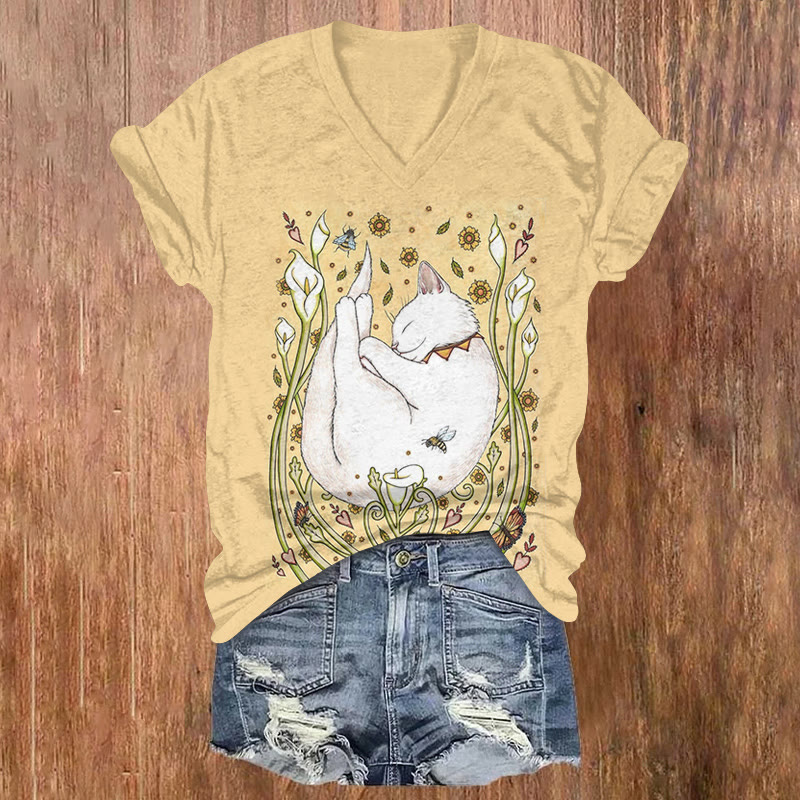A Pattern Of A Cat Sleeping Amidst Flowers Printed Short Sleeved V-neck T-shirt - Yellow - US32-34(5XL) - image 1