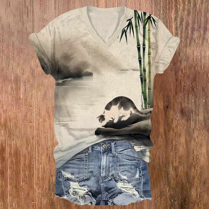 A Cat Amidst Ink-and-wash Bamboo Printed Short Sleeved V-neck T-shirt - Light Gray - US32-34(5XL) - image 1
