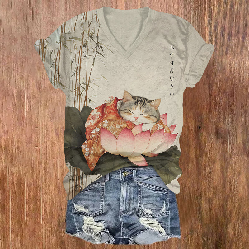 A Cat Wearing A Kimono Sleeps On A Lotus Flower Printed Short Sleeved V-neck T-shirt - Light Gray - US32-34(5XL) - image 1