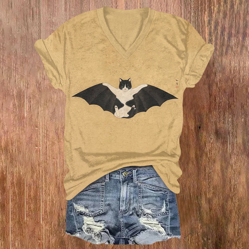 Amusing Cats Printed Short Sleeved V-neck T-shirt - Yellow - US32-34(5XL) - image 1