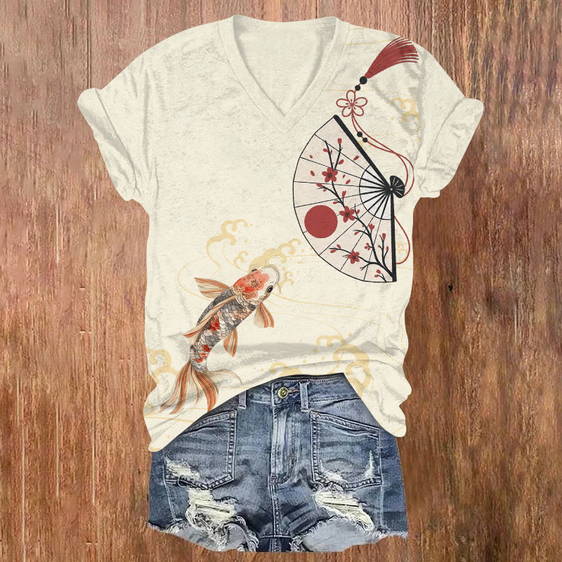 The Goldfish And The Fan Printed Short Sleeved V-neck T-shirt - Light Gray - US32-34(5XL) - image 1