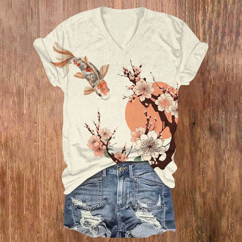 Goldfish And Plum Blossoms Printed Short Sleeved V-neck T-shirt - Light Gray - US32-34(5XL) - image 1