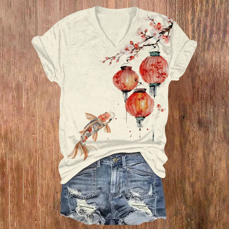 Goldfish And Lanterns Printed Short Sleeved V-neck T-shirt - Light Gray - US32-34(5XL) - image 1