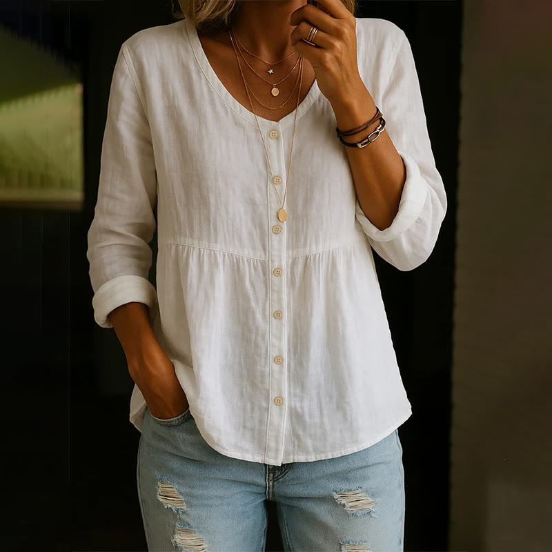 Cozy Solid Button V-neck A-line Long Sleeve Blouse - White - 4XL - image 1