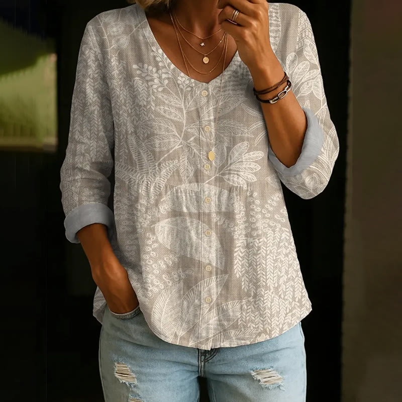 Elegant Plant Silhouettes Print Button V-neck A-line Long Sleeve Blouse - Apricot - 4XL - image 1