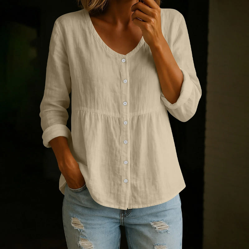 Cozy Solid Button V-neck A-line Long Sleeve Blouse - Apricot - 4XL - image 3