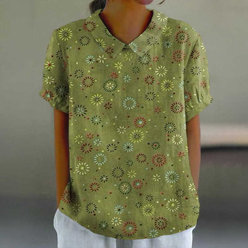 Bohemian Floral Print Casual Lapel Loose Blouse - Green - 6XL - image 1