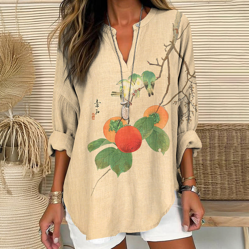 Japanese Vintage Three Birds And A Fruit Tree Pattern Print V Neck Long Sleeve Blouse - Apricot - 8XL - image 2