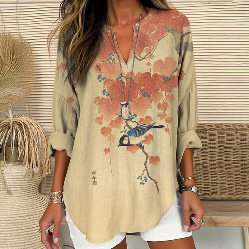 Japanese Vintage Maple Leaves And Birds Prints Pattern Print V Neck Long Sleeve Blouse - Apricot - 8XL - image 1
