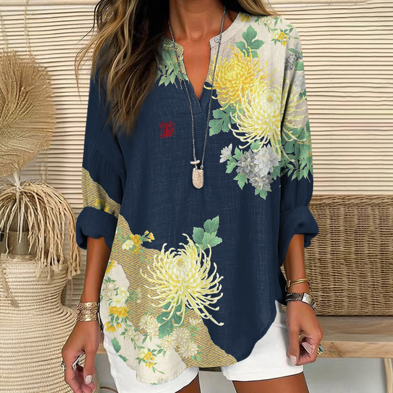 Japanese Vintage  Chrysanthemum Kiomono Print Pattern V Neck Long Sleeve Blouse - Blue - 8XL - image 2