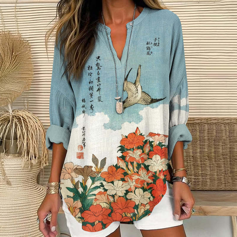 Japanese Vintage Ukiyo-e Flowers And Birds Print Pattern V Neck Long Sleeve Blouse - Light Blue - 8XL - image 1