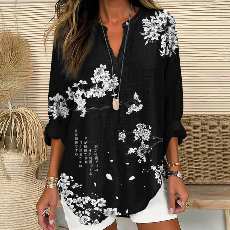 Japanese Lilies And Cherry Blossoms Print Pattern V Neck Long Sleeve Blouse - Black - 8XL - image 3