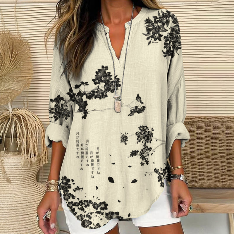 Japanese Lilies And Cherry Blossoms Print Pattern V Neck Long Sleeve Blouse - Apricot - 8XL - image 2