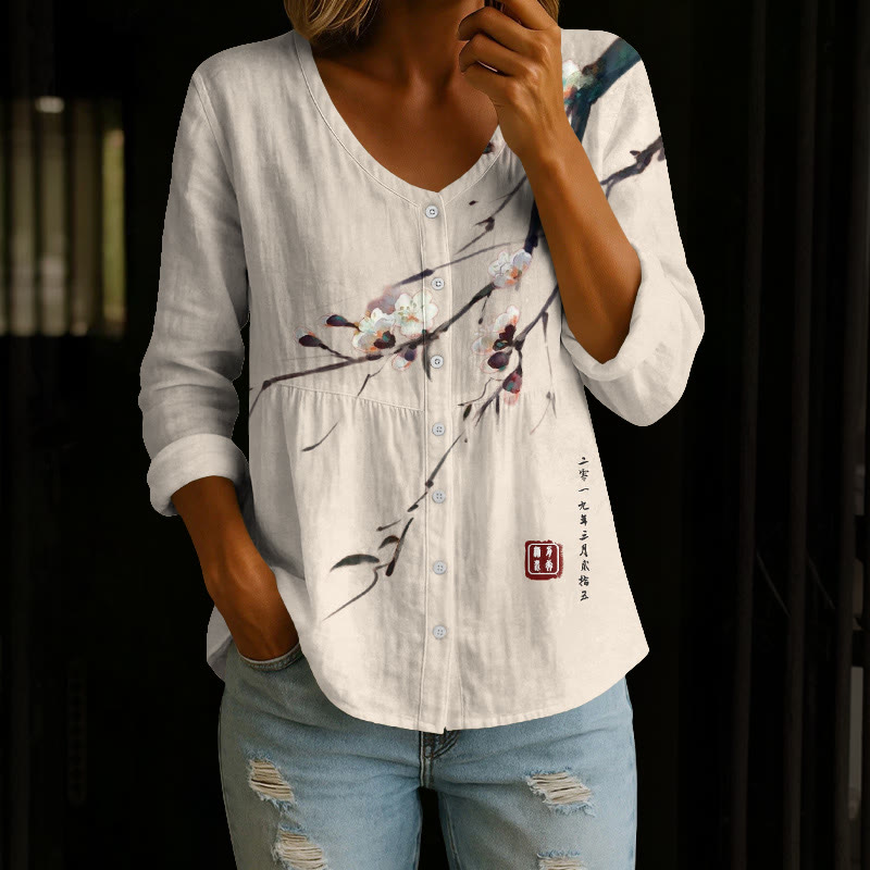 Vintage Plum Blossom Art Print Button V-neck A-line Long Sleeve Blouse - Apricot - 4XL - image 2