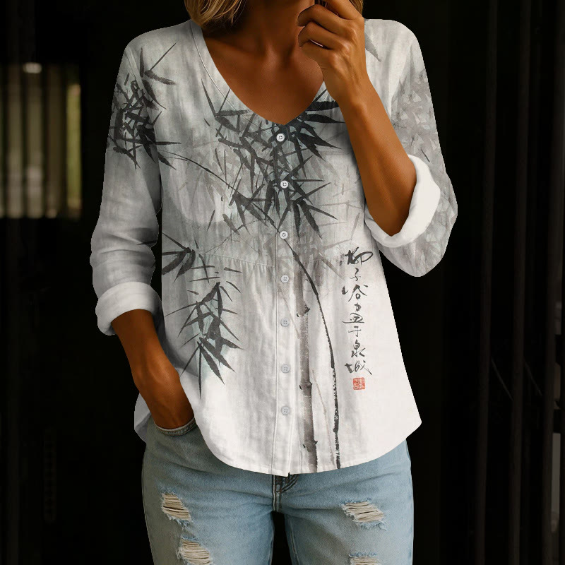 Vintage Ink Painting Of Bamboo Forest Art Pattern Print Button V-neck A-line Long Sleeve Blouse - Grey - 4XL - image 2