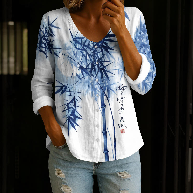 Vintage Ink Painting Of Bamboo Forest Art Pattern Print Button V-neck A-line Long Sleeve Blouse - Blue - 4XL - image 1