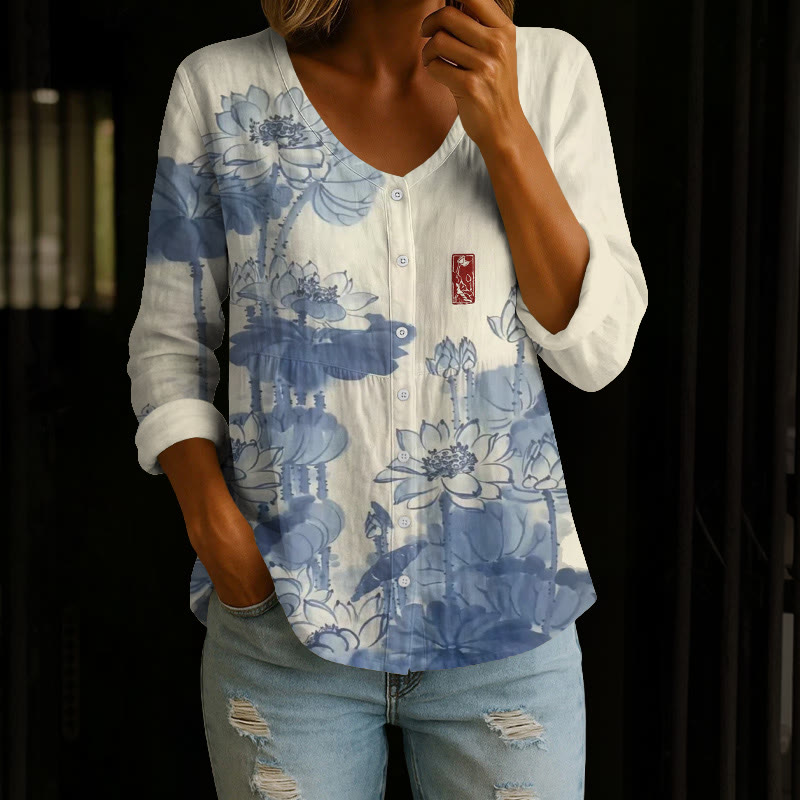 Vintage Blue White Porcelain Lotus Flower Art Pattern Print Button V-neck A-line Long Sleeve Blouse - Apricot - 4XL - image 1