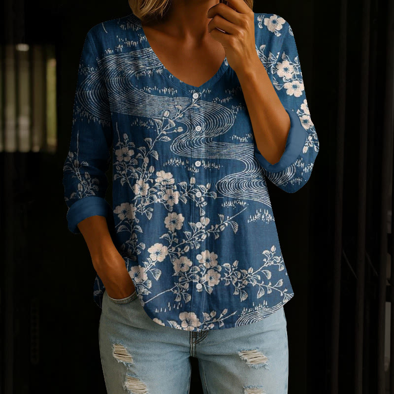 Japanese Style Floral Art Print Button V-neck A-line Long Sleeve Blouse - Blue - 4XL - image 1