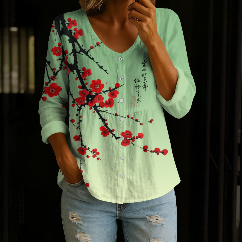 Japanese Vintage Plum Blossom Print Button V-neck A-line Long Sleeve Blouse - Green - 4XL - image 1