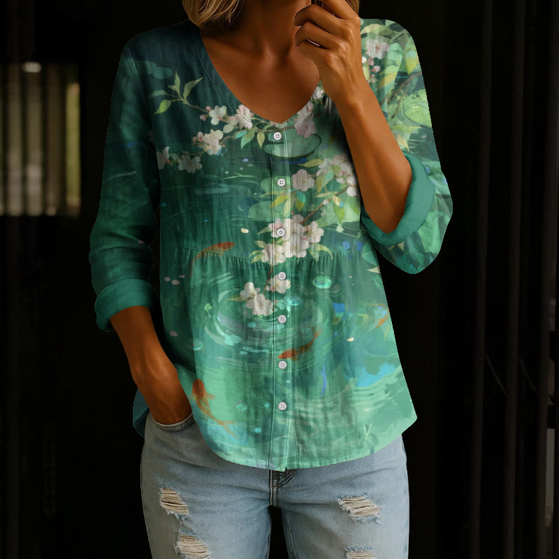 Japanese Sakura Goldfish Circle Lotus Pond V-neck A-line Long Sleeve Blouse - Green - 4XL - image 1
