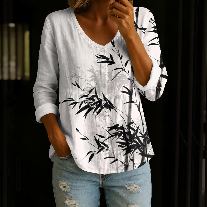 Ink Watercolor Bamboo Print Button V-neck A-line Long Sleeve Blouse - White - 4XL - image 1