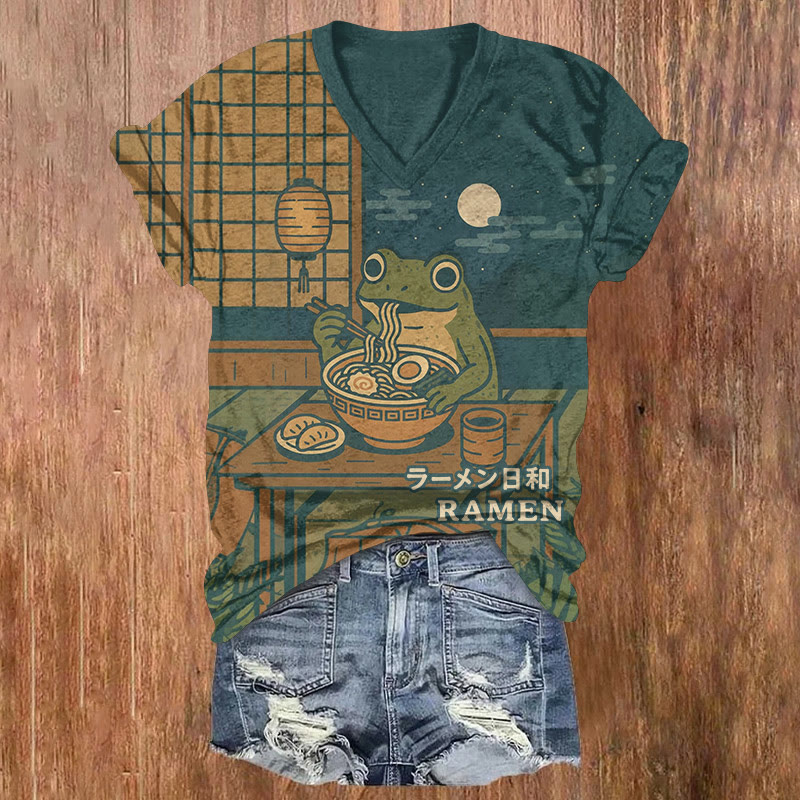 Japanese Retro-style Frog Eating Ramen Pattern Print Short Sleeved V-neck T-shirt - Green - US32-34(5XL) - image 1