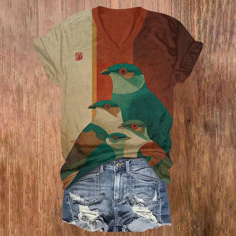Japanese Retro Birds Pattern Print Short Sleeved V-neck T-shirt - Apricot - US32-34(5XL) - image 1