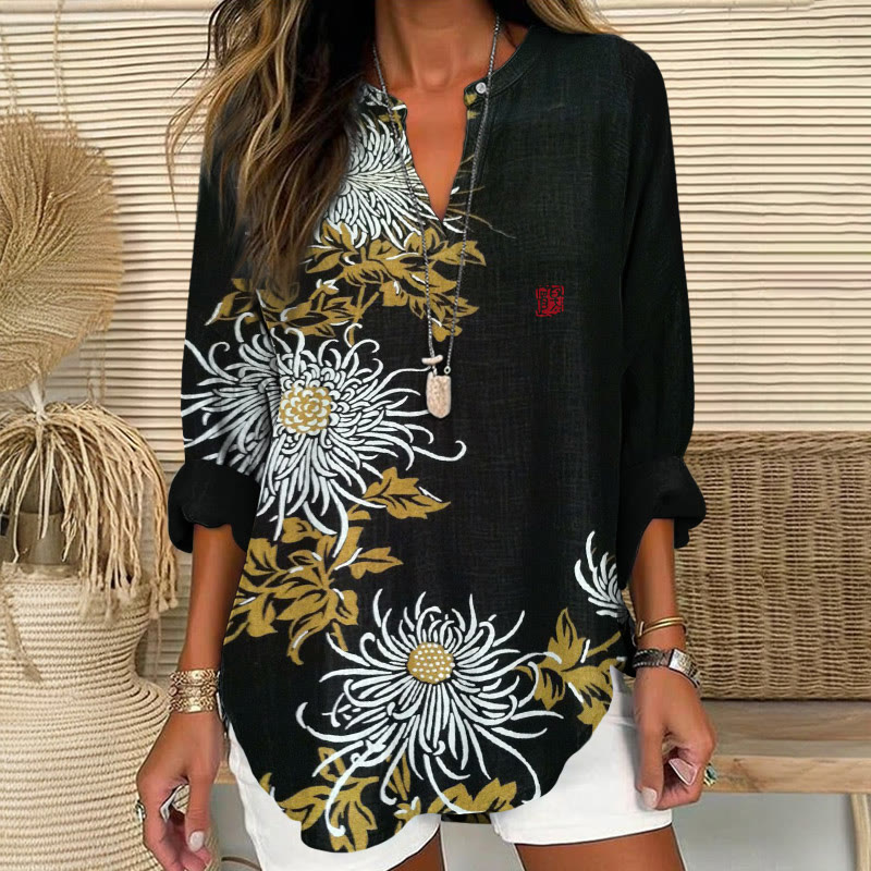 Japanese Vintage Chrysanthemum Pattern Print V Neck Long Sleeve Blouse - Black - 8XL - image 2