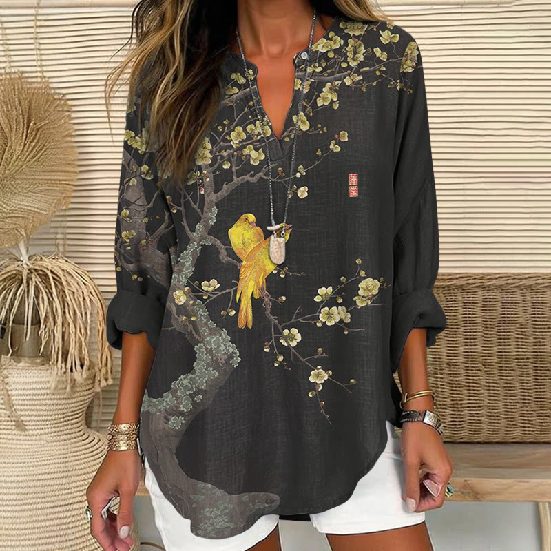 Japanese Two Golden Birds And A Flowering Tree Pattern Print V Neck Long Sleeve Blouse - Black - 8XL - image 1