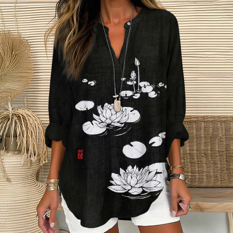 Japanese Lotus Woodblock Pattern Print V Neck Long Sleeve Blouse - Black - 8XL - image 2