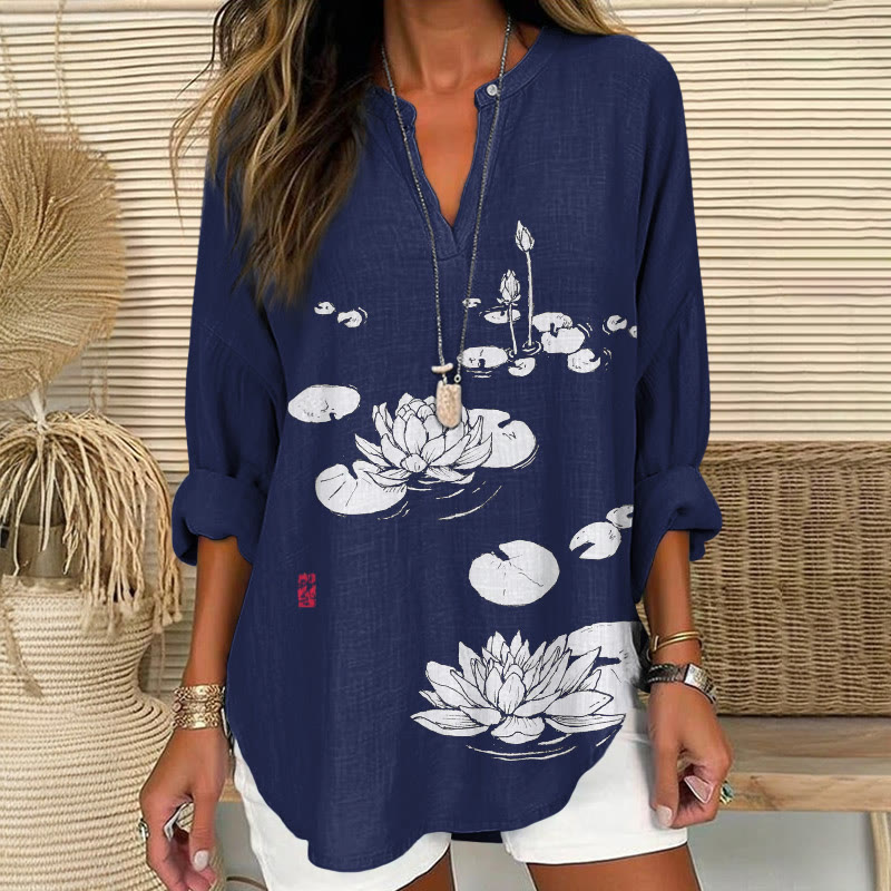 Japanese Lotus Woodblock Pattern Print V Neck Long Sleeve Blouse - Blue - 8XL - image 1