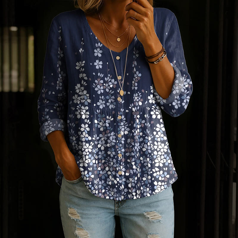 Vintage Gradient Cherry Blossoms Art Print Button V-neck A-line Long Sleeve Blouse - Navy Blue - 4XL - image 1